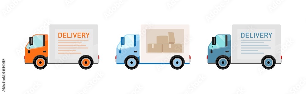 Delivery trucks flat color vector objects set