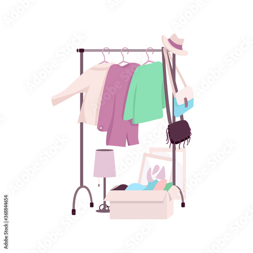 Clothes rack flat color vector object. Womens wardrobe.