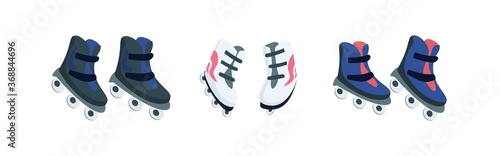 Roller skates flat color vector objects set