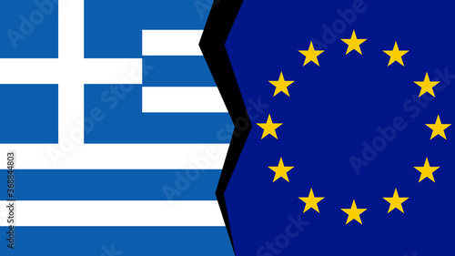 Vector illustration of the flags of the European Union and Greece, with a split/tear/fissure in between, indicating a conflict/disagreement/parting between the two.