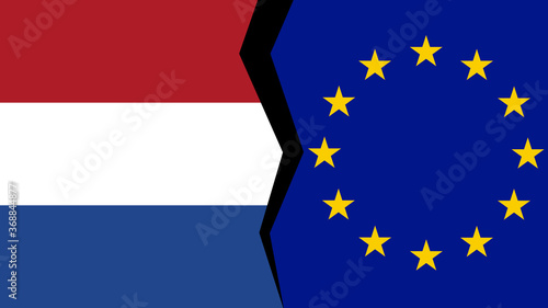 Vector illustration of the flags of the European Union and the Netherlands, with a split/tear/fissure in between, indicating a conflict/disagreement/parting between the two.
