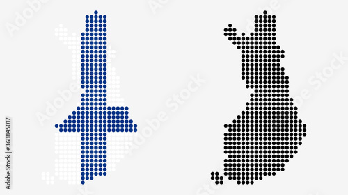 Map of Finland, in dotted style. One version includes the flag, the other is simply black. Vector Graphic.