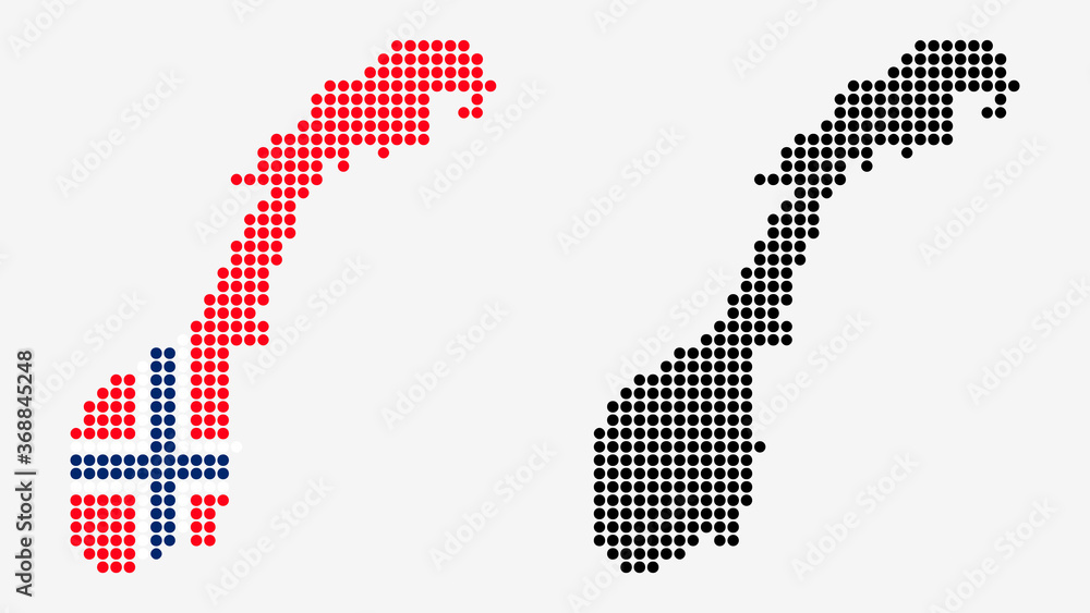 Map of Norway, in dotted style. One version includes the flag, the other is simply black. Vector Graphic.