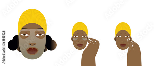 Make-Up and skin care. Portrait of a young woman who applies makeup and uses cosmetics. Minimalistic vector illustration in flat style