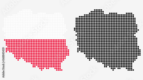 Map of Poland, in dotted style. One version includes the flag, the other is simply black. Vector Graphic.