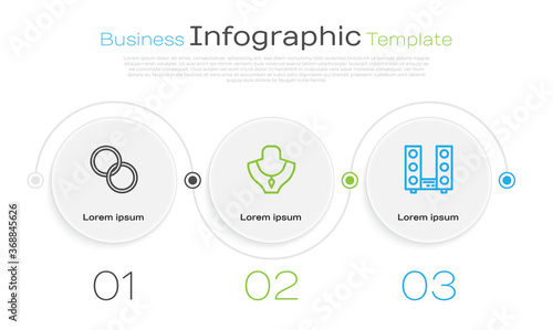 Set line Wedding rings, Necklace on mannequin and Home stereo with two speakers. Business infographic template. Vector.