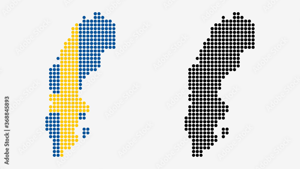 Map of Sweden, in dotted style. One version includes the flag, the other is simply black. Vector Graphic.