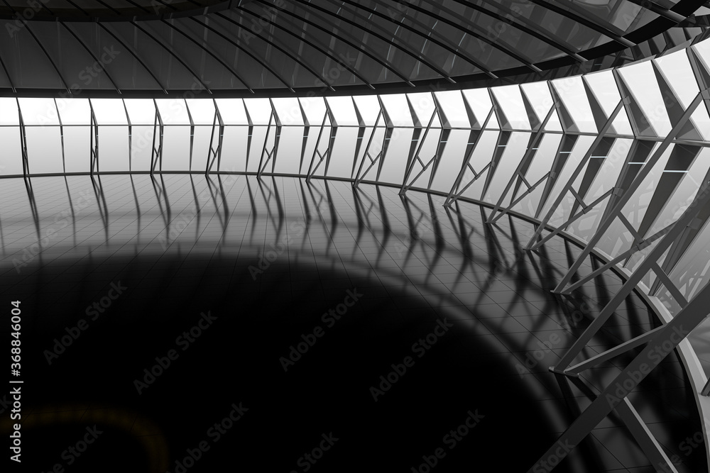 Dark round room with reflective floor, 3d rendering. Dark round room with reflective floor, 3d rendering.