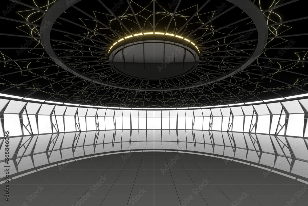 Fototapeta premium Dark round room with reflective floor, 3d rendering.