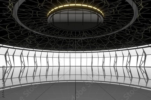 Dark round room with reflective floor, 3d rendering.