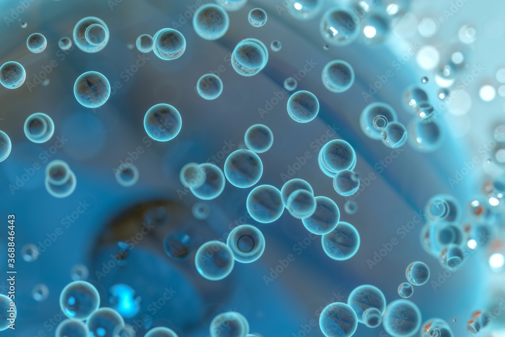 Blue atom spheres with bubbles on the surface, 3d rendering.