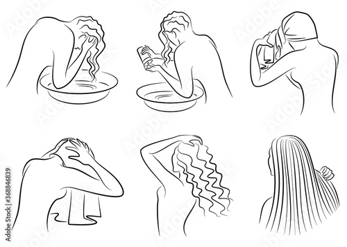 Collection. A woman washes her hair with shampoo in a bowl on her own. The girl dries her hair with a towel. Vector illustration set.