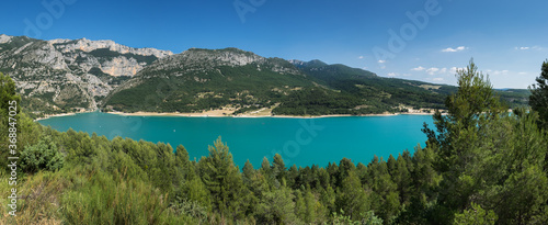 Large panoramic view of Lac de Sainte-Croix (Sainte-Croix-du-Verdon). Provence, France