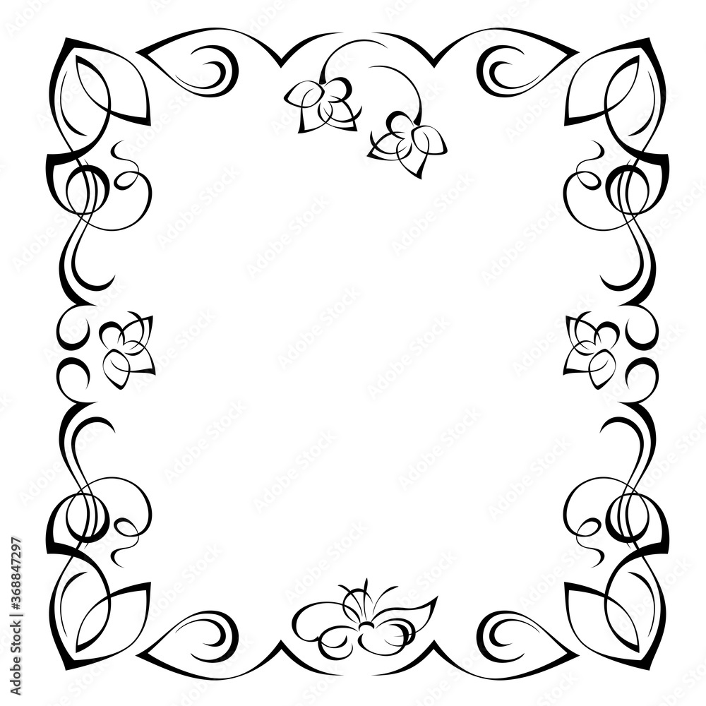frame 50. decorative rectangular frame with stylized flowers and vignettes in black lines on a white background