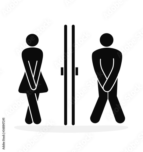 Humorous restroom sign for men and women showing people crossing their legs in desperation on white, colored vector illustration
