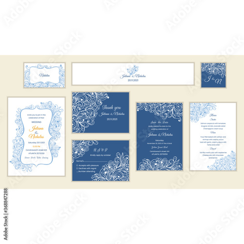 Wedding  set with doodle pattern blue and white color.  Invitation, save the date, thank you,  rsvp, menu,  favor tag, belly band and place card. Vector illustration.  