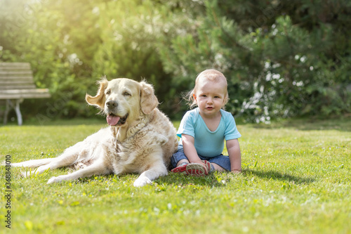Cute liitle baby boy is posing with Golden Retriever dog in the garden