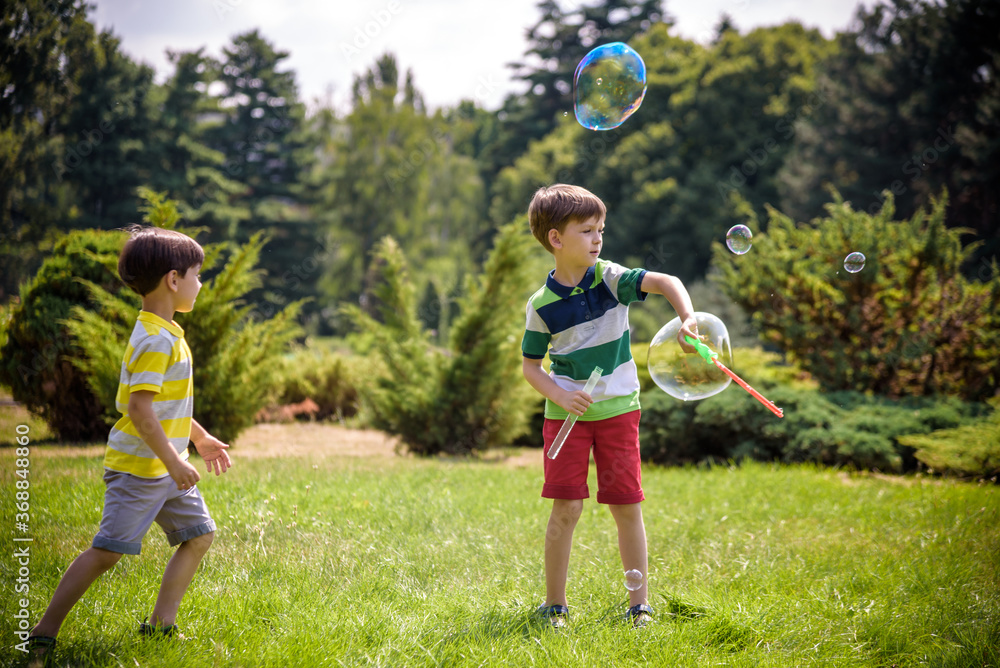 Obraz premium Boy blowing soap bubbles while an excited kid enjoys the bubbles. Happy teenage boy and his brother in a park enjoying making soap bubbles. Happy childhood friendship concept