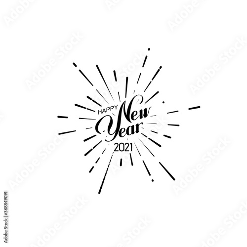 Happy 2021 New Year. Holiday Vector Illustration With Lettering Composition And Bursting Fireworks shape.