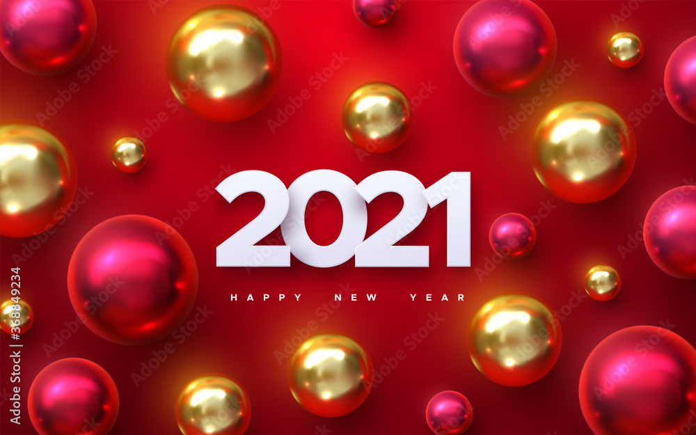 Happy New 2021 Year. Holiday vector illustration of white paper numbers 2021 with red and golden balls. Realistic 3d sign. Characters and baubles on red background. Festive poster or banner design Happy New 2021 Year. Holiday vector illustration of white paper numbers 2021 with red and golden balls. Realistic 3d sign. Characters and baubles on red background. Festive poster or banner design
