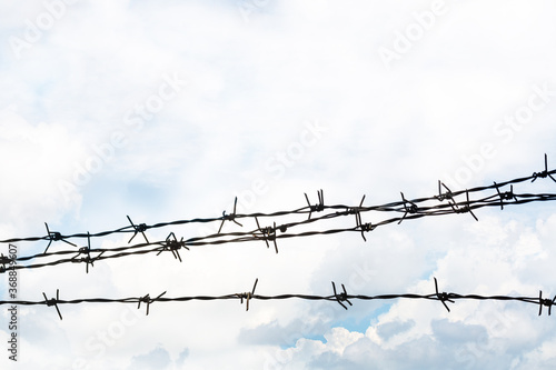Barbed wire on bright sky background, protect or lockup mind and idea concept