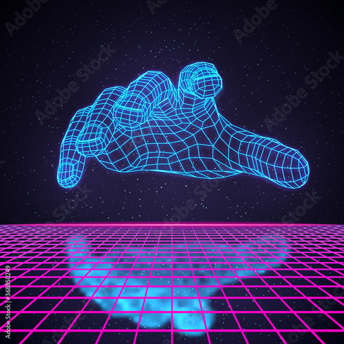 Retro 80s Futuristic Deep Space Design. Polygonal Human Hand Hovering Over Laser Grid with Reflection