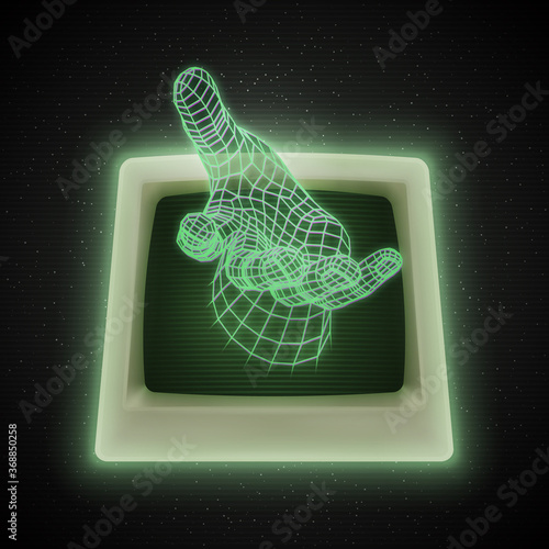 Retro 80s Futuristic Deep Space Design. Polygonal Human Hand With Offering Help Gesture Sticking Out of Retro Computer