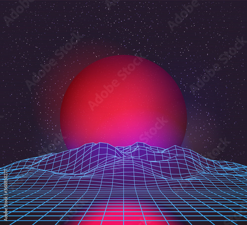 Retro 80s Futuristic Deep Space Design. Wireframe Mountains Out of Laser Grid and Red Planet or Sun Over Horizon