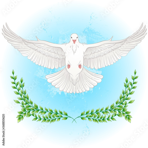 White dove flying with spread wings. Pigeon vector illustration. Religion, wedding, peace, pacifism, concept in cartoon design. Symbol of love and messengers