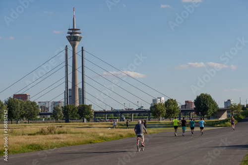 Group of people do outdoor activities at promenade park and green field on riverside of Rhine River  and background of Rhein Tower and suspension Bridge in D  sseldorf  Germany.