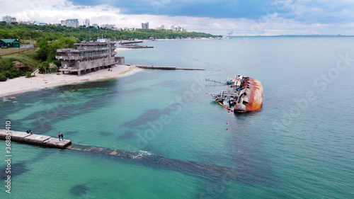 Wallpaper Mural Tanker Delfi wrecked on the shore of Odessa beach, aerial photography. Torontodigital.ca