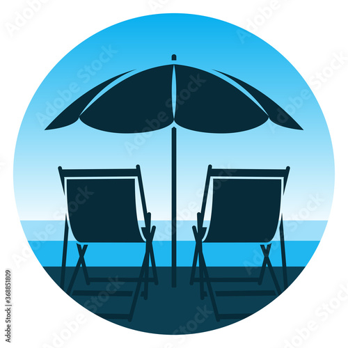 beach umbrella and deck chairs