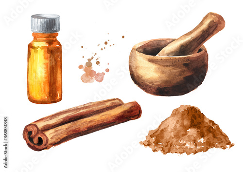 Cinnamon stick, powder and essential oil set. Hand drawn watercolor illustration, isolated on white background