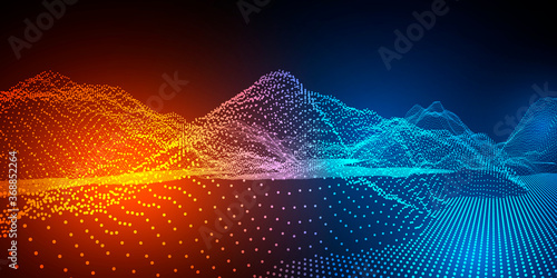 Technology neon background .Technological landscape of the future .Digital terrain cyberspace in the mountains with valleys.Vector .	