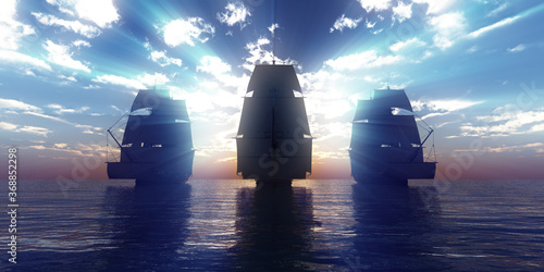 old three ships sunset at sea, 3d rendering photo