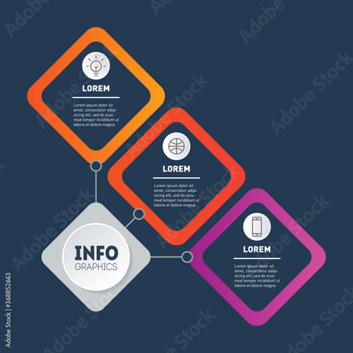Business presentation concept with 3 options. Brochure design template. Template of info chart or diagram. Sector infographics of technology or education process with three steps. Summary report.