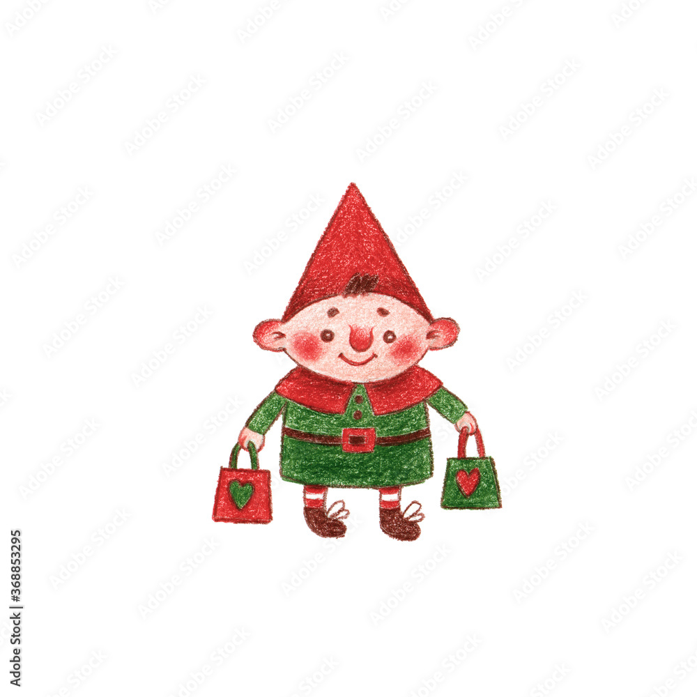 pencil drawing of happy dwarf with shopping bags pencil drawing of happy dwarf with shopping bags