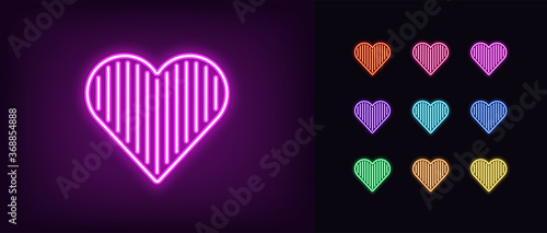 Neon heart icon. Glowing neon heart sign with vertical line texture, amour shape