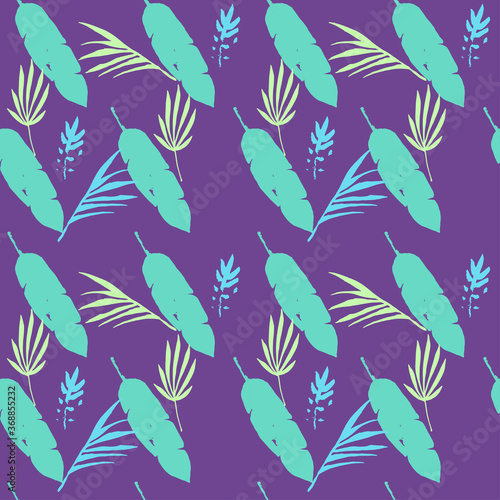Trendy Tropical Vector Seamless Pattern. Banana Leaves Dandelion Monstera Feather Tropical Seamless Pattern. 