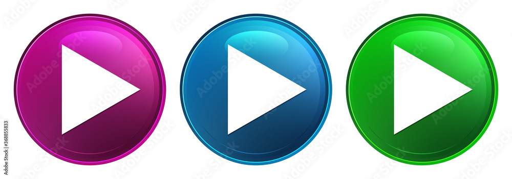 Play icon magic glass design round button set illustration Play icon magic glass design round button set illustration