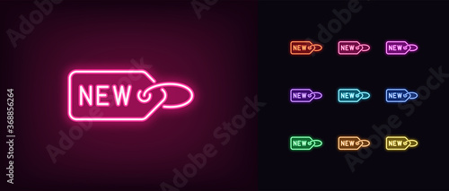 Neon label New. Glowing neon tag sign with text New, newest collection badge