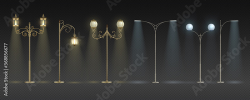 City night lights. Realistic modern and vintage streetlights with warm and white glowing, row of pole highway night lights. Vector isolated set lamppost with yellow lighting on transparent background