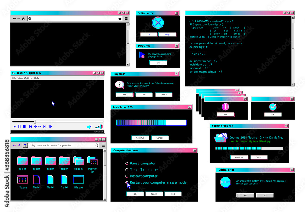 Retro interface. Classic old software UI with cyberpunk theme and colors, retro futuristic popup windows, internet browser and file manager. Vector set computers screen panel loading