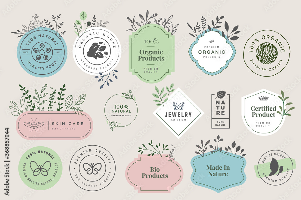 Set of signs for organic and natural cosmetics and beauty products . Vector illustrations for products promotion, packaging design, web design, business presentation, marketing material.