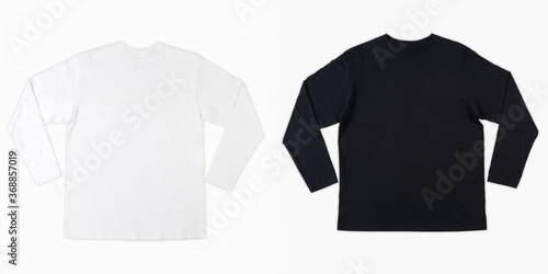 Blank long sleve shirt mock up template, front and back view, isolated on white, plain black and white t-shirt mockup. Long sleeved tee design presentation for print. photo