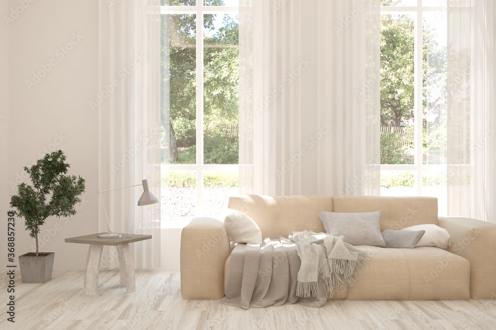 Fototapeta premium White living room with sofa and summer landscape in window. Scandinavian interior design. 3D illustration