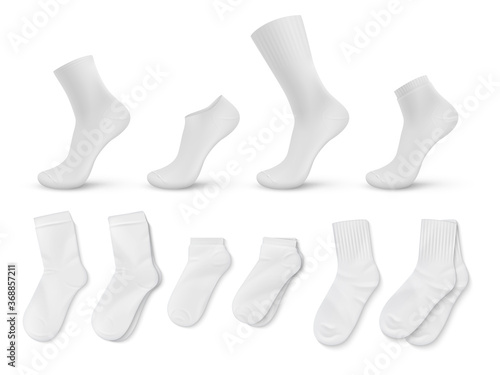 Realistic socks. White empty isolated foot wear mockup for brand identity or product design template. Vector illustration blank image trendy clothing set for legs photo