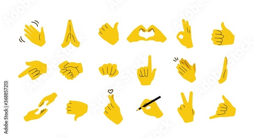 Hand emoticons. Yellow arms and fists with gestures of open palm, prey, like or dislike, victory and muscle. Vector image flat waving and raised hands set