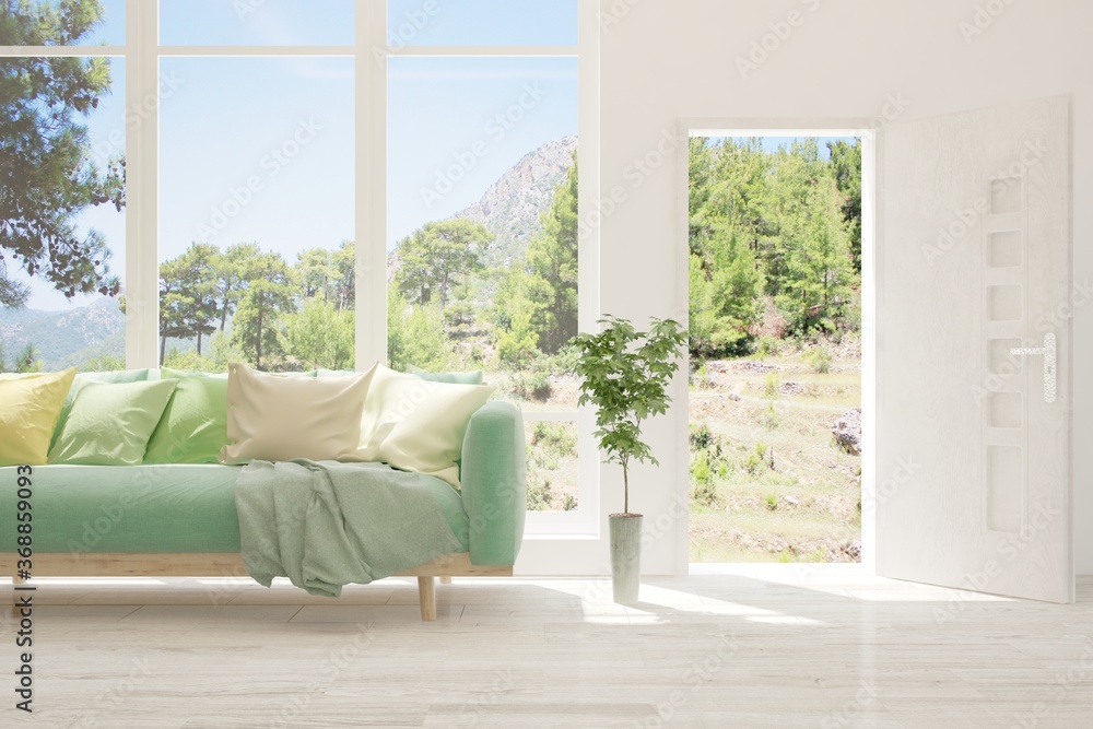 White living room with sofa and summer landscape in window. Scandinavian interior design. 3D illustration White living room with sofa and summer landscape in window. Scandinavian interior design. 3D illustration