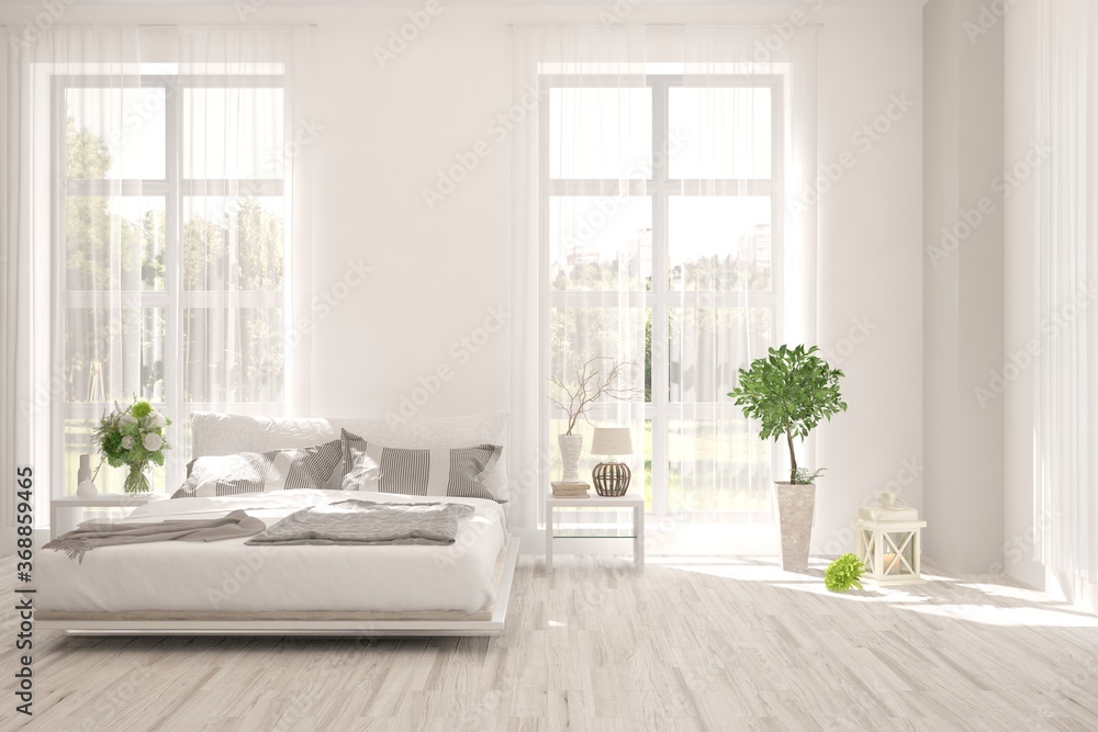 White bedroom interior. Scandinavian design. 3D illustration White bedroom interior. Scandinavian design. 3D illustration